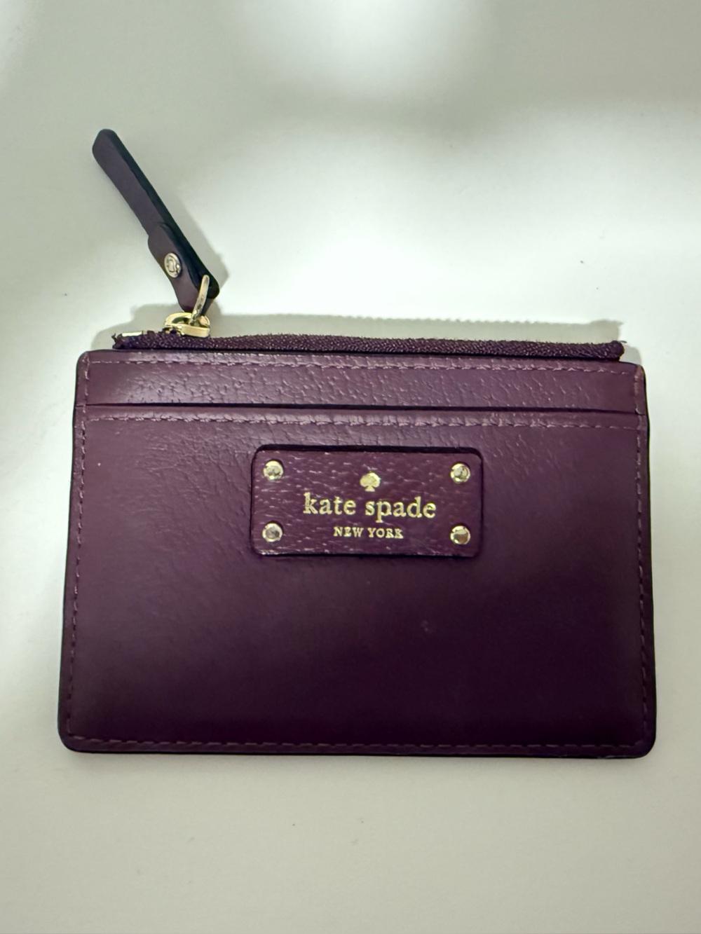 kate spade Plum Leather Zip Card Wallet with Gold Hardware